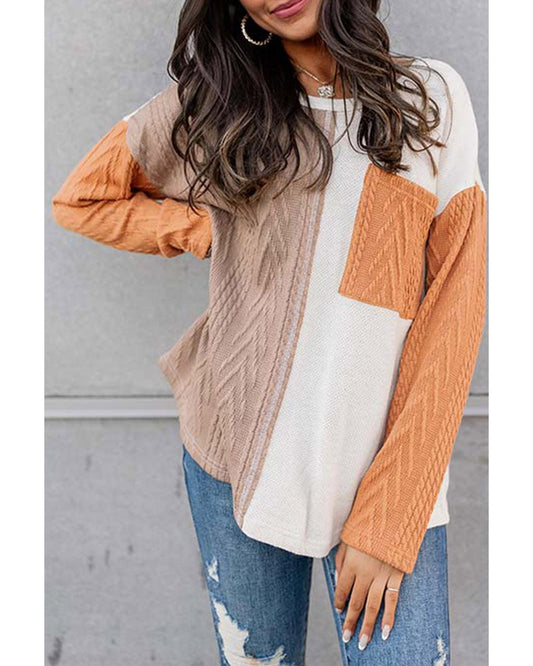 Azura Exchange Textured Knit Top with Colorblock Chest Pocket - M