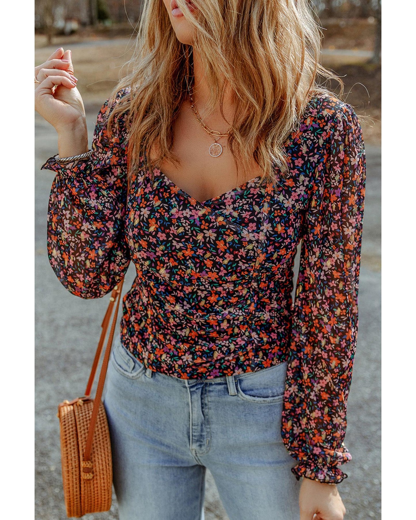 Azura Exchange V Neck Bubble Sleeve Floral Blouse - M