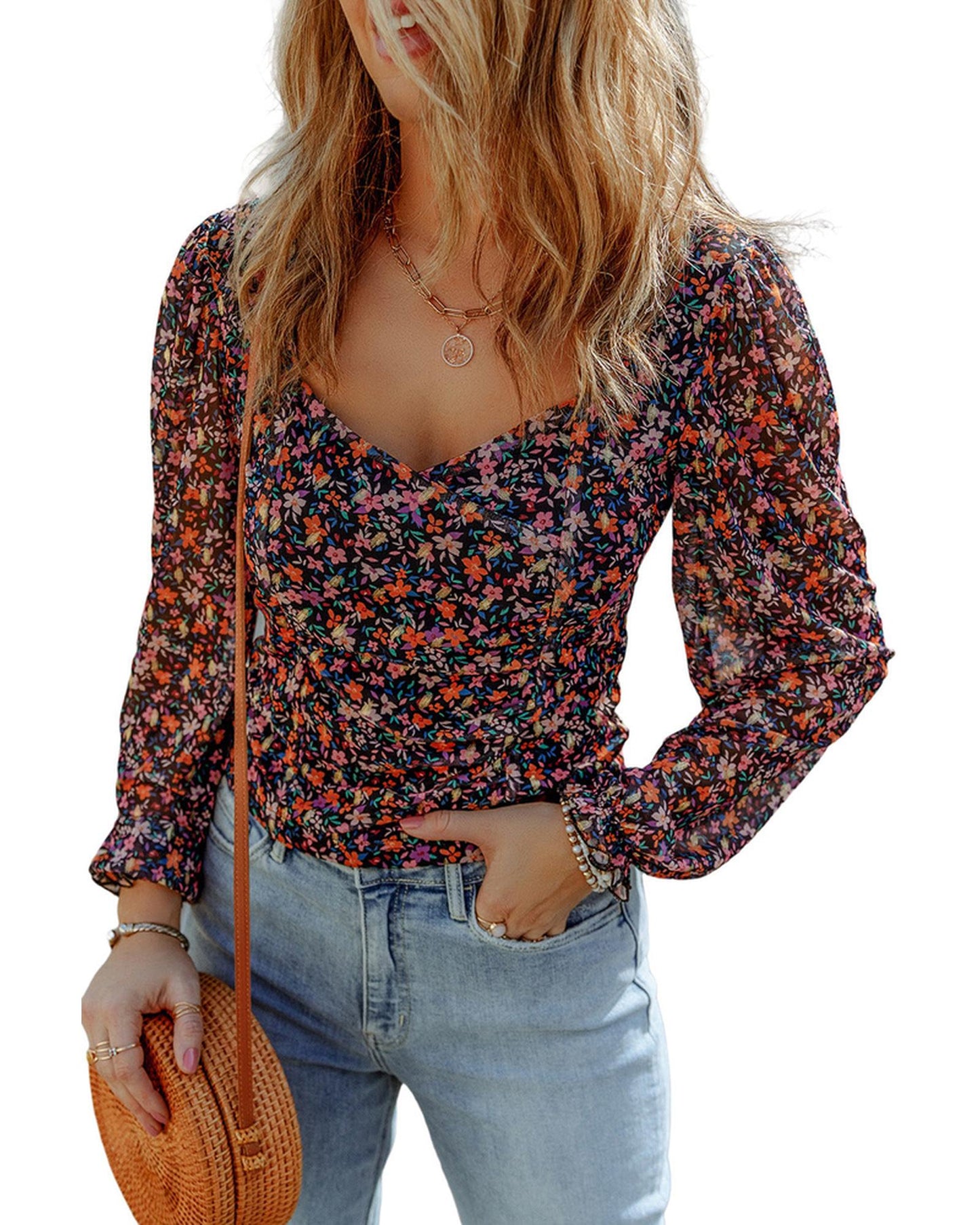 Azura Exchange V Neck Bubble Sleeve Floral Blouse - S