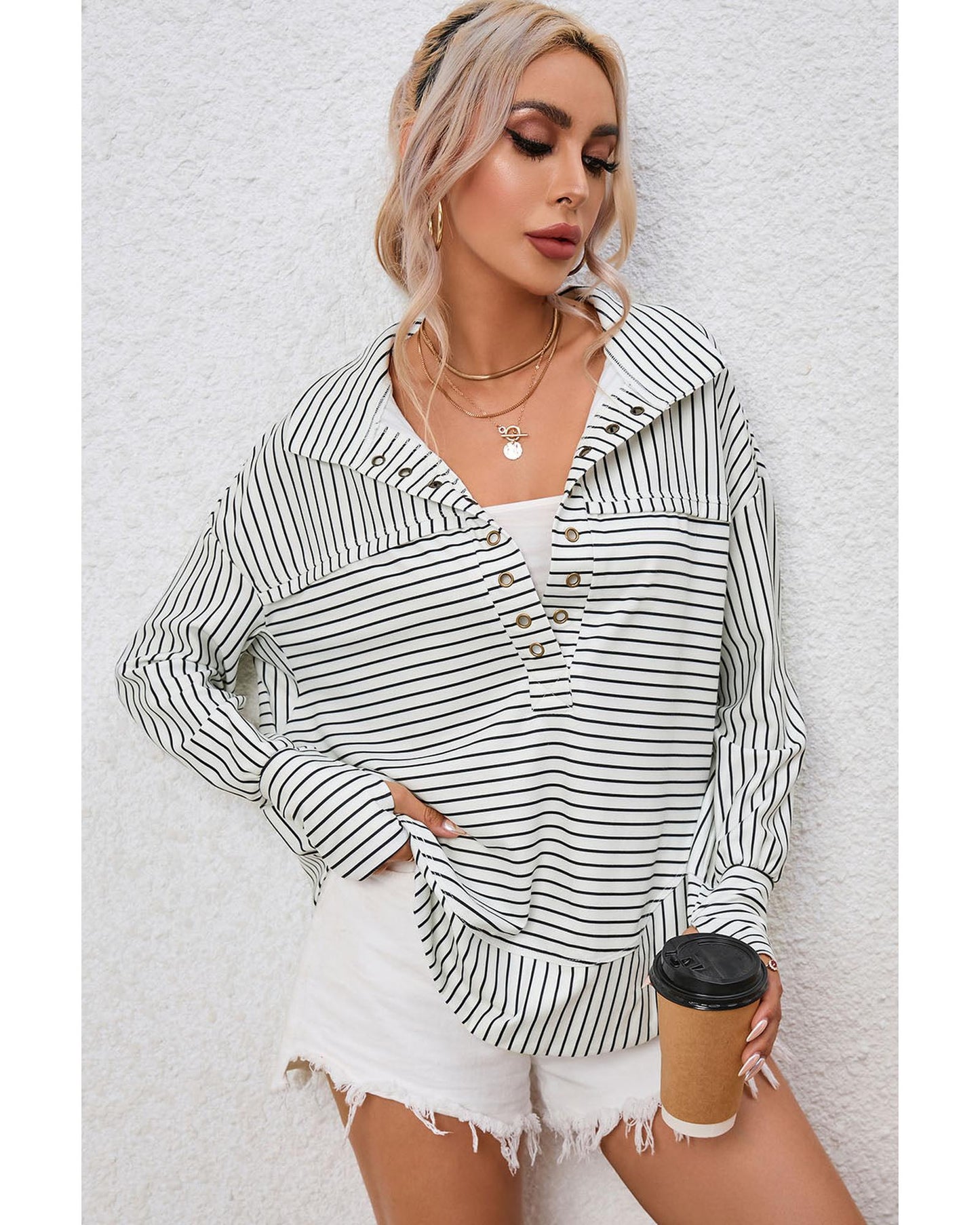 Azura Exchange Striped Thumbhole Drop Shoulder V Neck Top - L