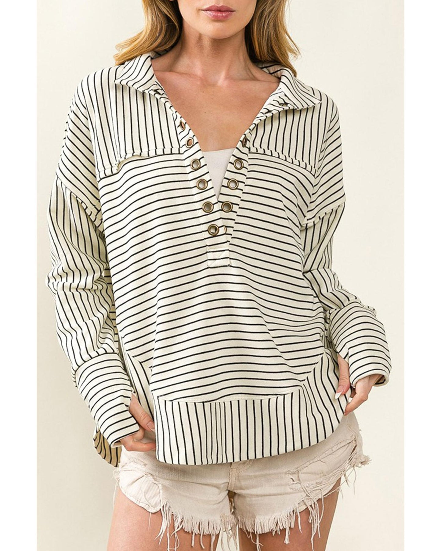 Azura Exchange Striped Thumbhole Drop Shoulder V Neck Top - L