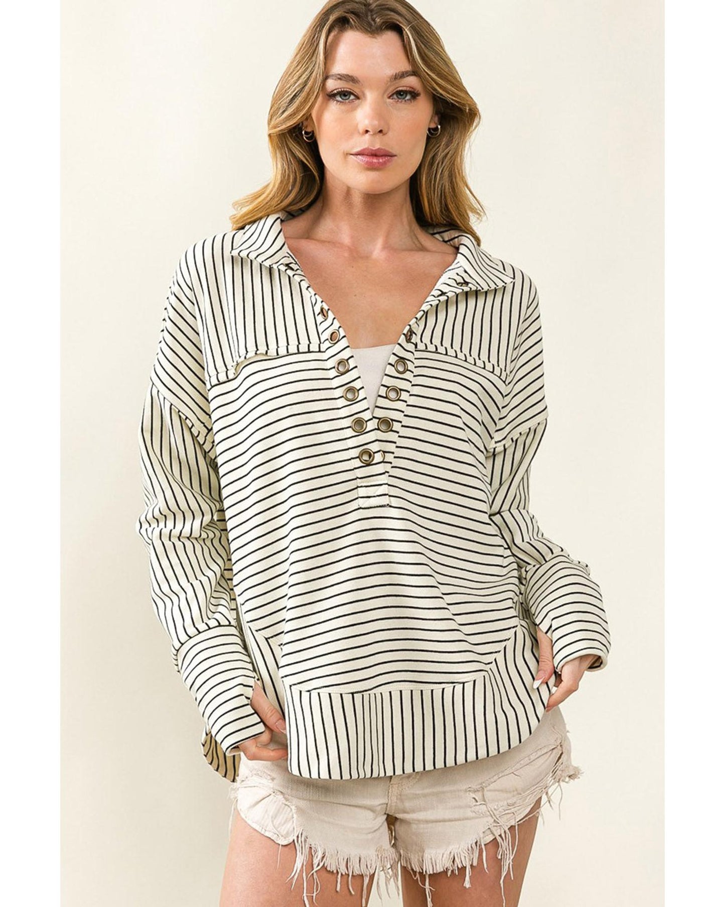 Azura Exchange Striped Thumbhole Drop Shoulder V Neck Top - XL