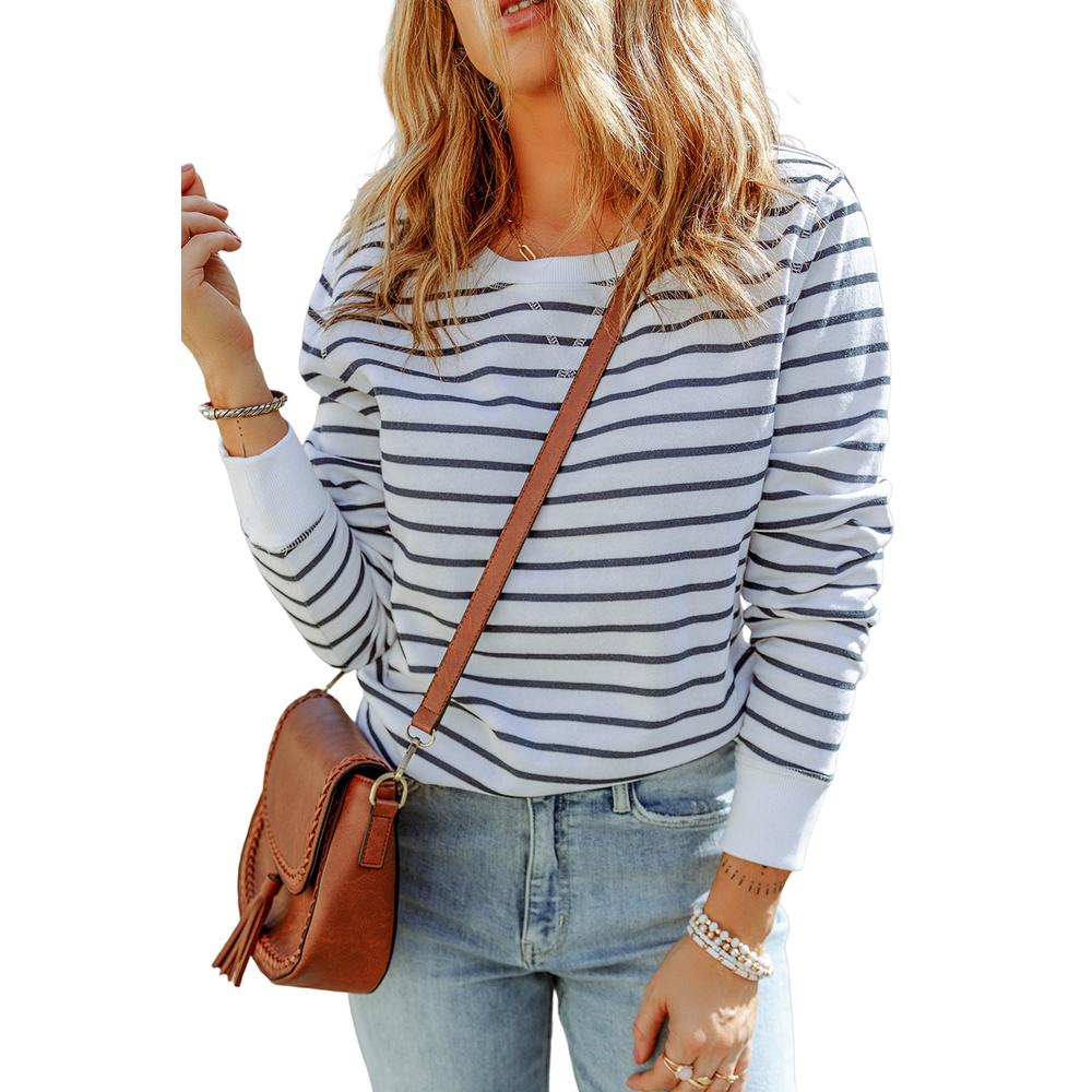 Azura Exchange Striped Print Ribbed Trim Long Sleeve Top - S