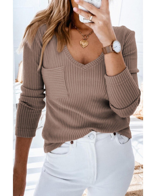 Azura Exchange Ribbed Knit Patched V Neck Top - M