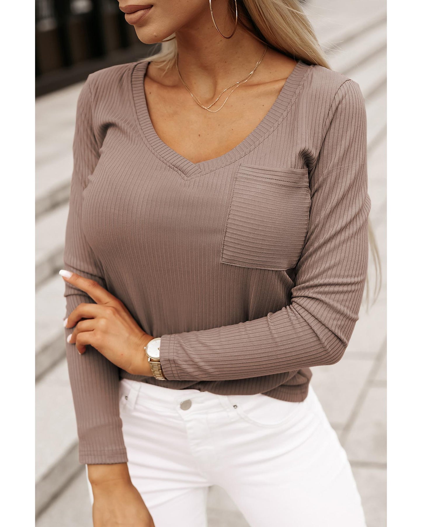 Azura Exchange Ribbed Knit Patched V Neck Top - XL