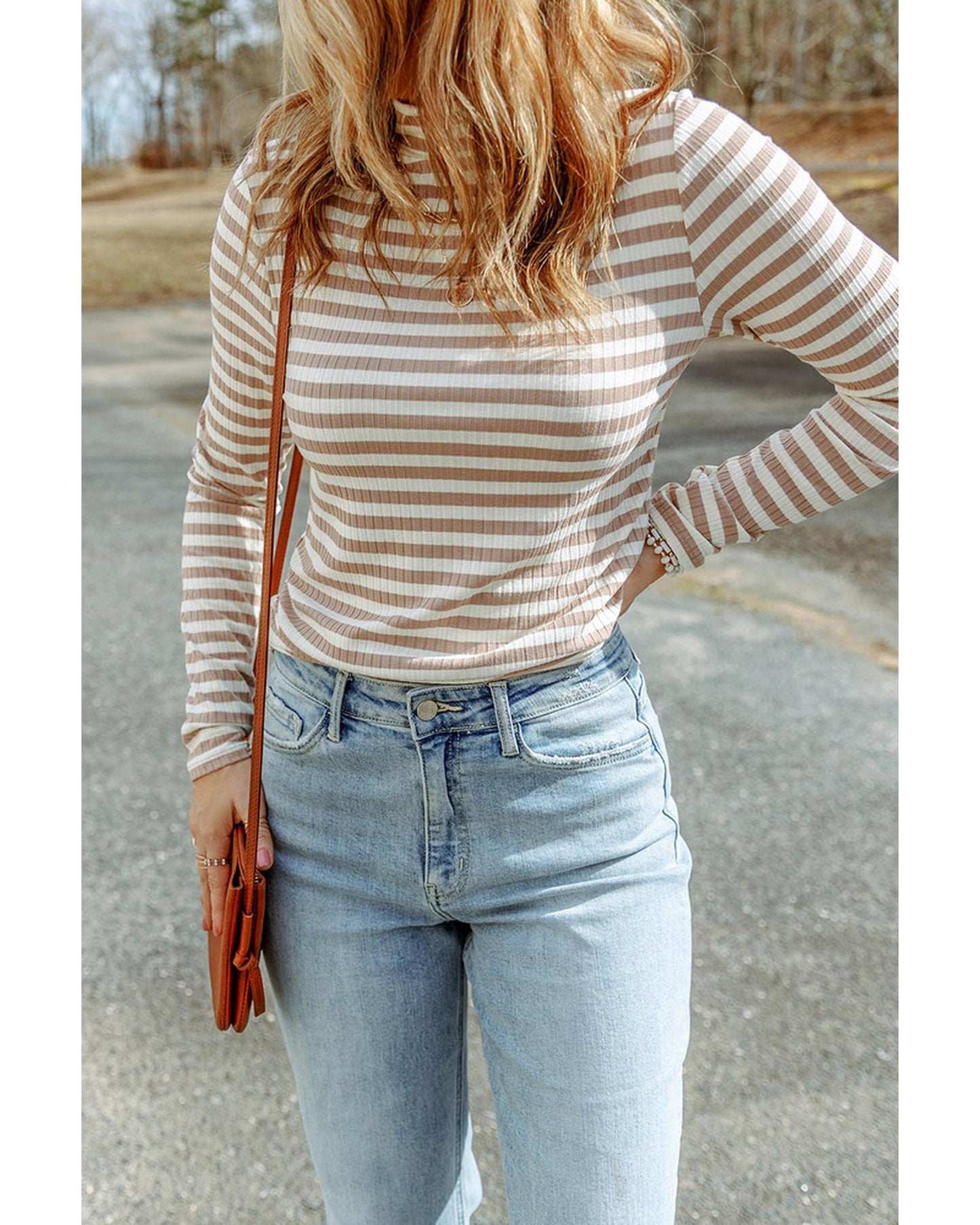 Azura Exchange Striped Print Knit Long Sleeve Tee - M