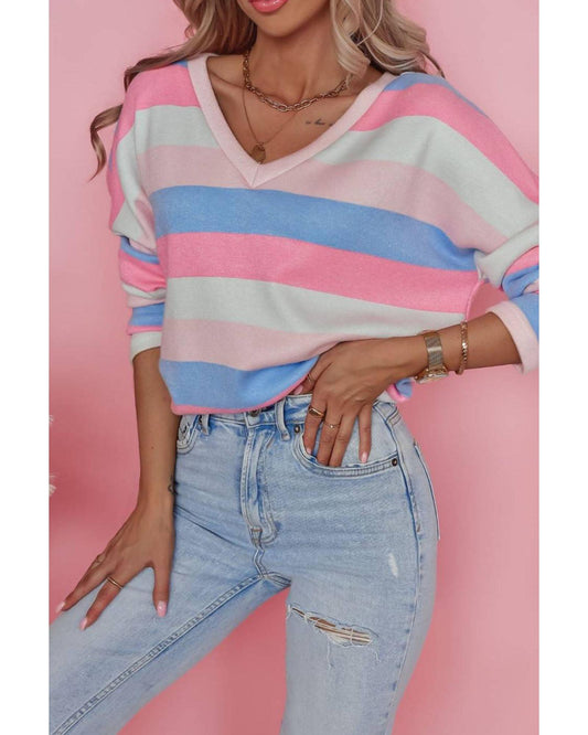 Azura Exchange Striped V Neck Long Sleeve Top - S