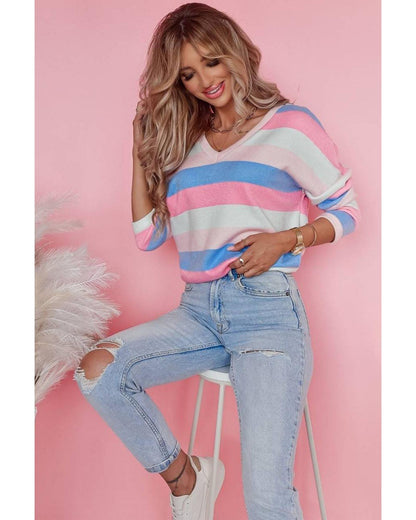 Azura Exchange Striped V Neck Long Sleeve Top - S