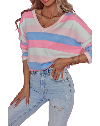 Azura Exchange Striped V Neck Long Sleeve Top - S