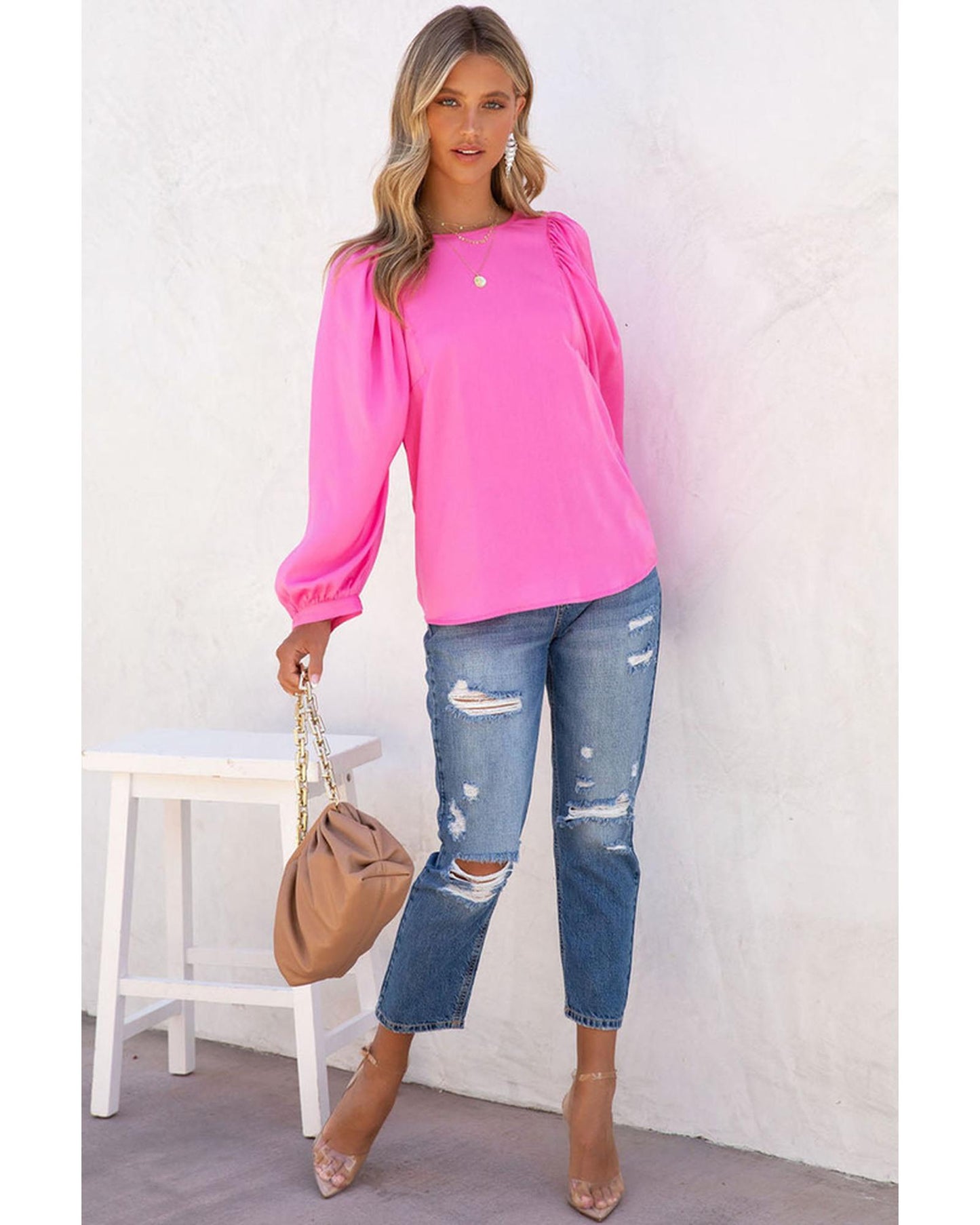 Azura Exchange Puff Sleeve Crewneck Blouse - M