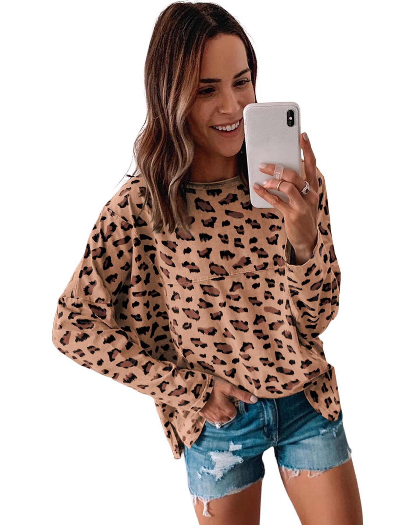 Azura Exchange Animal Print Stitching Loose Long Sleeve Top - M