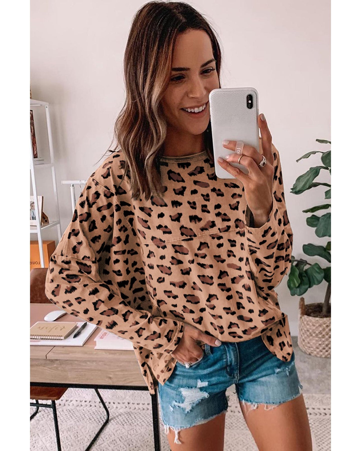 Azura Exchange Animal Print Stitching Loose Long Sleeve Top - M