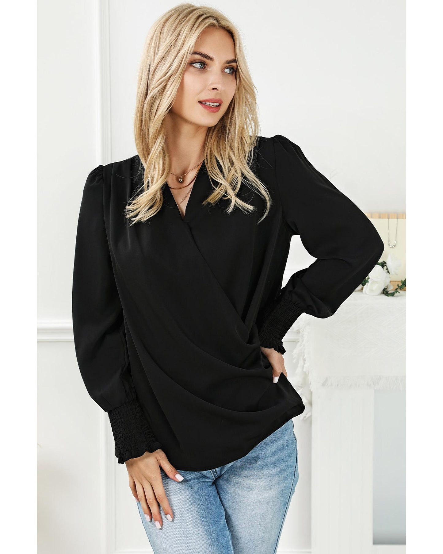 Azura Exchange Elegant Surplice Neck Draped Blouse - M