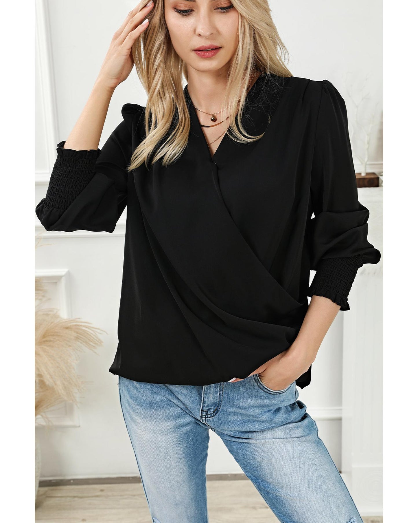 Azura Exchange Elegant Surplice Neck Draped Blouse - M