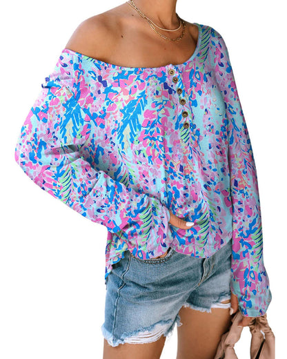 Azura Exchange Printed Wide Neck Thumbhole Sleeve Henley Top - L