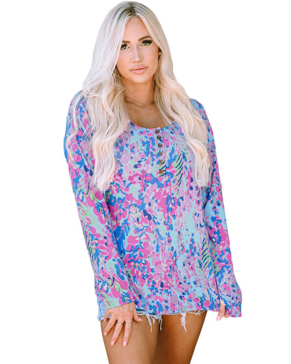 Azura Exchange Printed Wide Neck Thumbhole Sleeve Henley Top - M