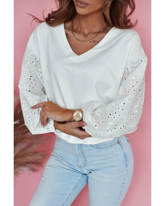 Azura Exchange Embroidered Patchwork Puff Sleeve Blouse - L