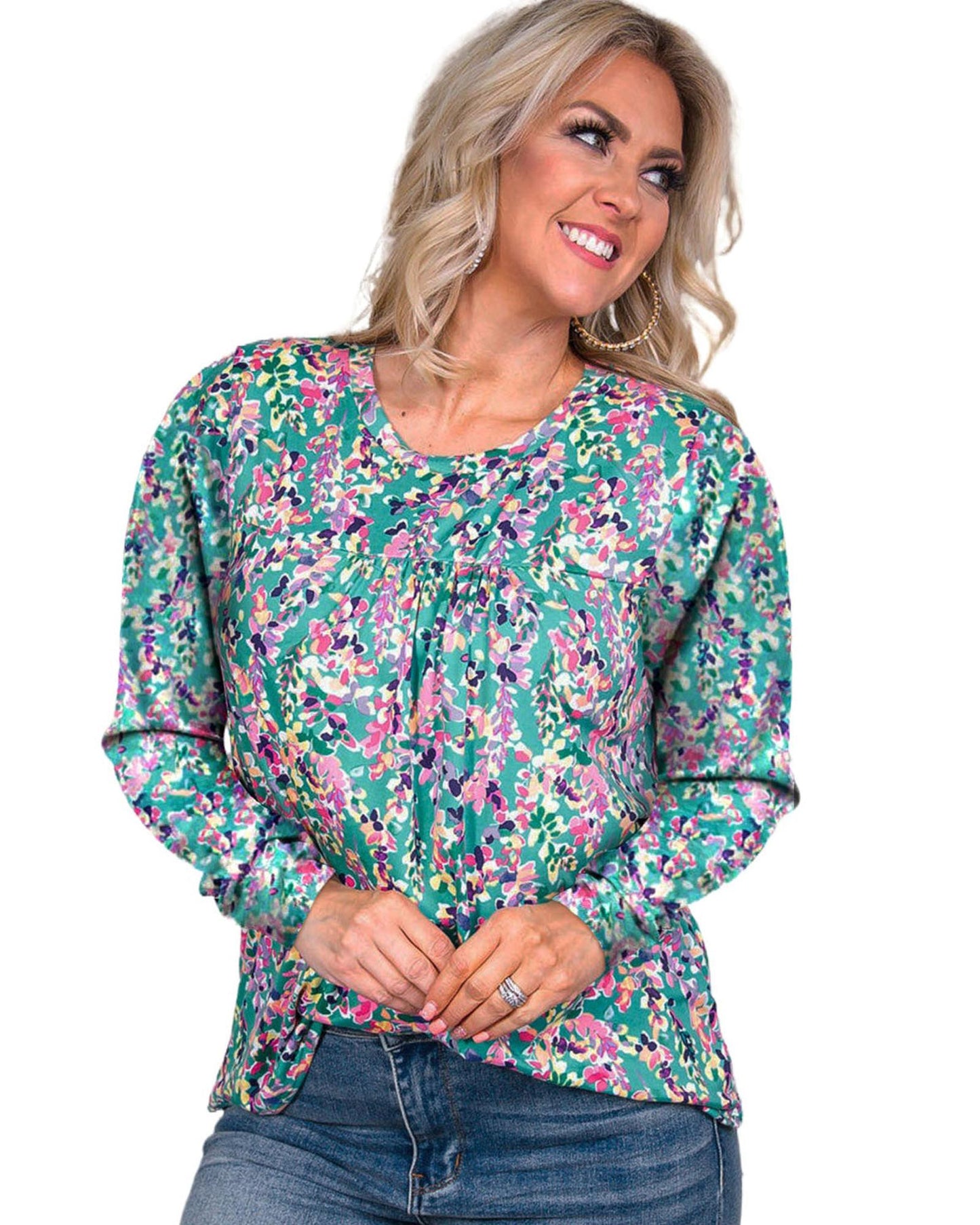 Azura Exchange Elegant Floral Print Long Sleeve Blouse - S