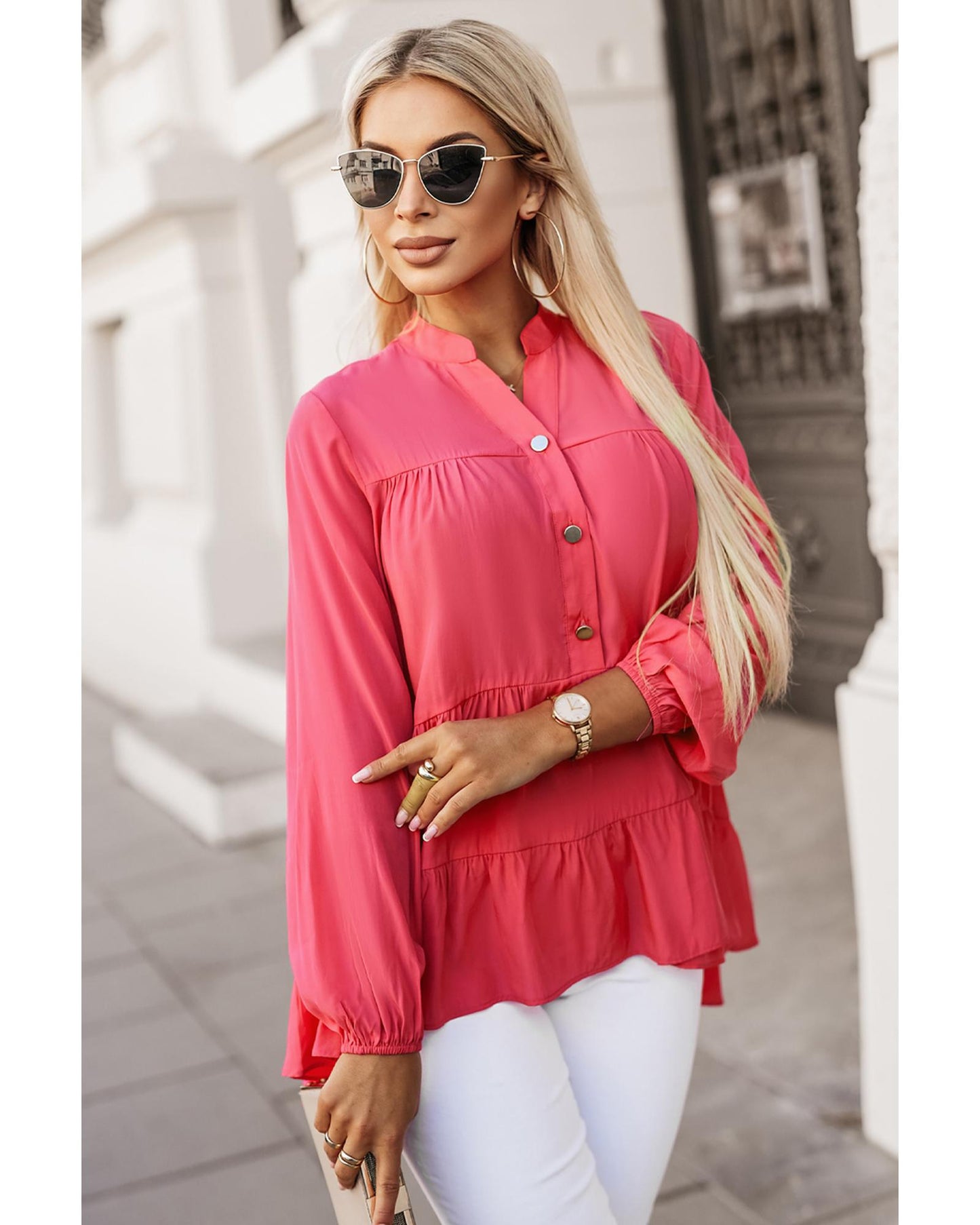 Azura Exchange Half Buttoned Ruffle Tiered Long Sleeve Blouse - L