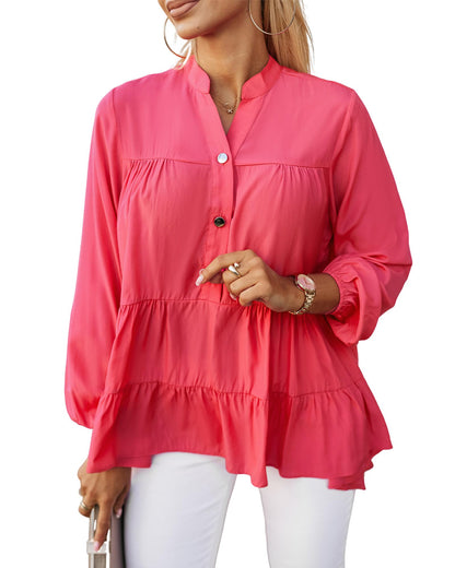 Azura Exchange Half Buttoned Ruffle Tiered Long Sleeve Blouse - L