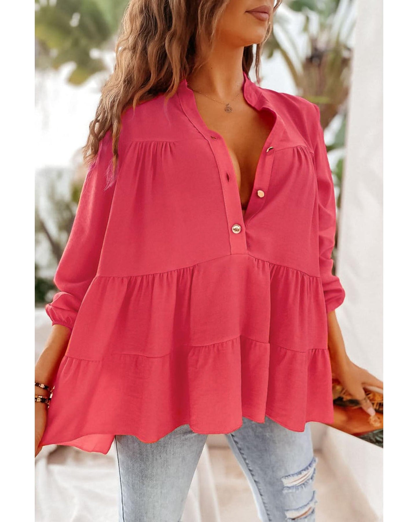 Azura Exchange Half Buttoned Ruffle Tiered Long Sleeve Blouse - M