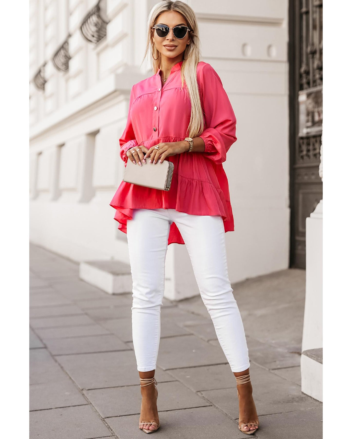 Azura Exchange Half Buttoned Ruffle Tiered Long Sleeve Blouse - M