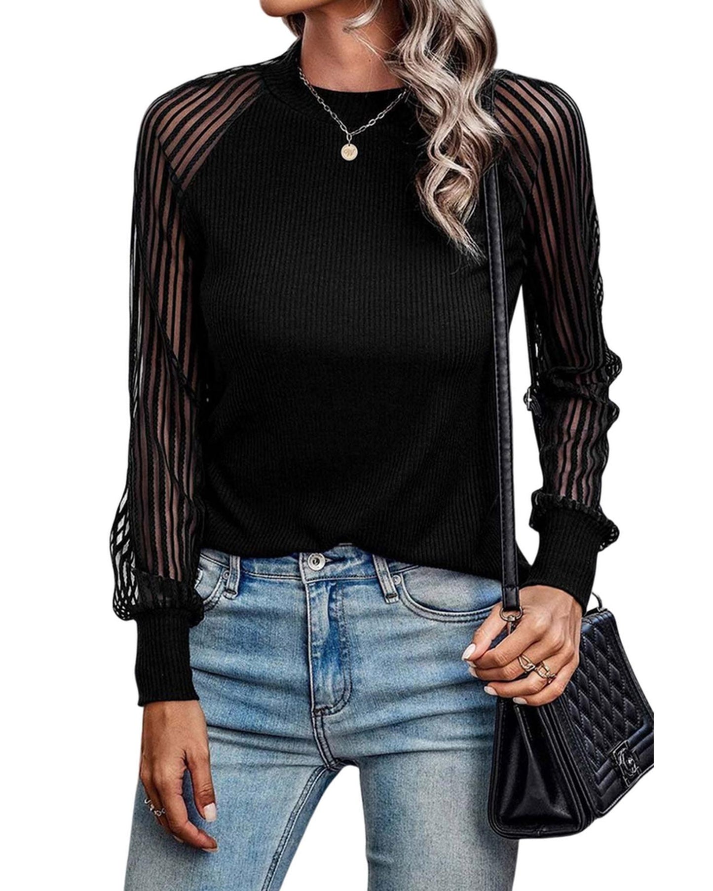 Azura Exchange Striped Mesh Long Sleeve Crewneck Ribbed Top - M