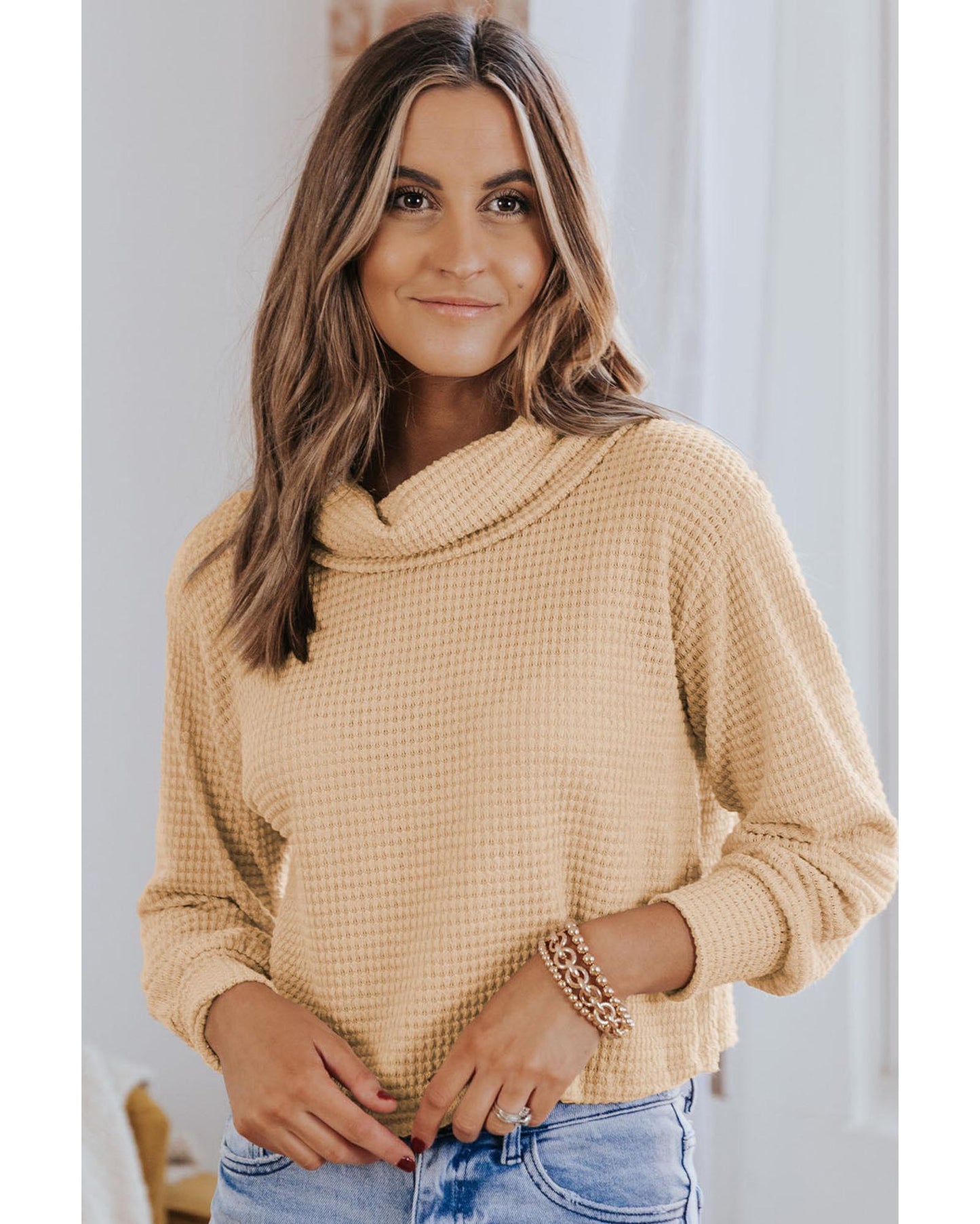 Azura Exchange Apricot Waffle Knit Turtleneck Top - XL