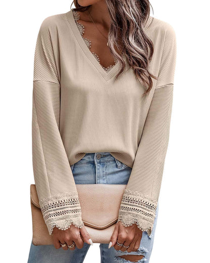 Azura Exchange Lace Trim V Neck Long Sleeve Top - M