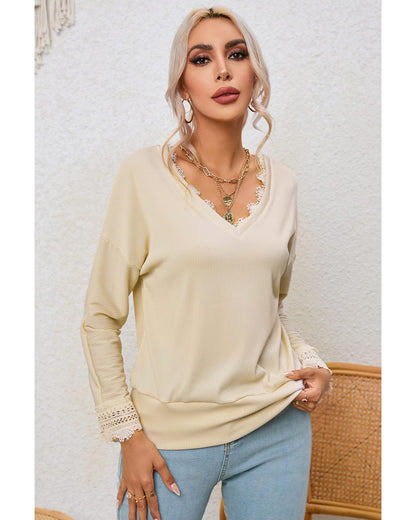 Azura Exchange Lace Trim V Neck Long Sleeve Top - S