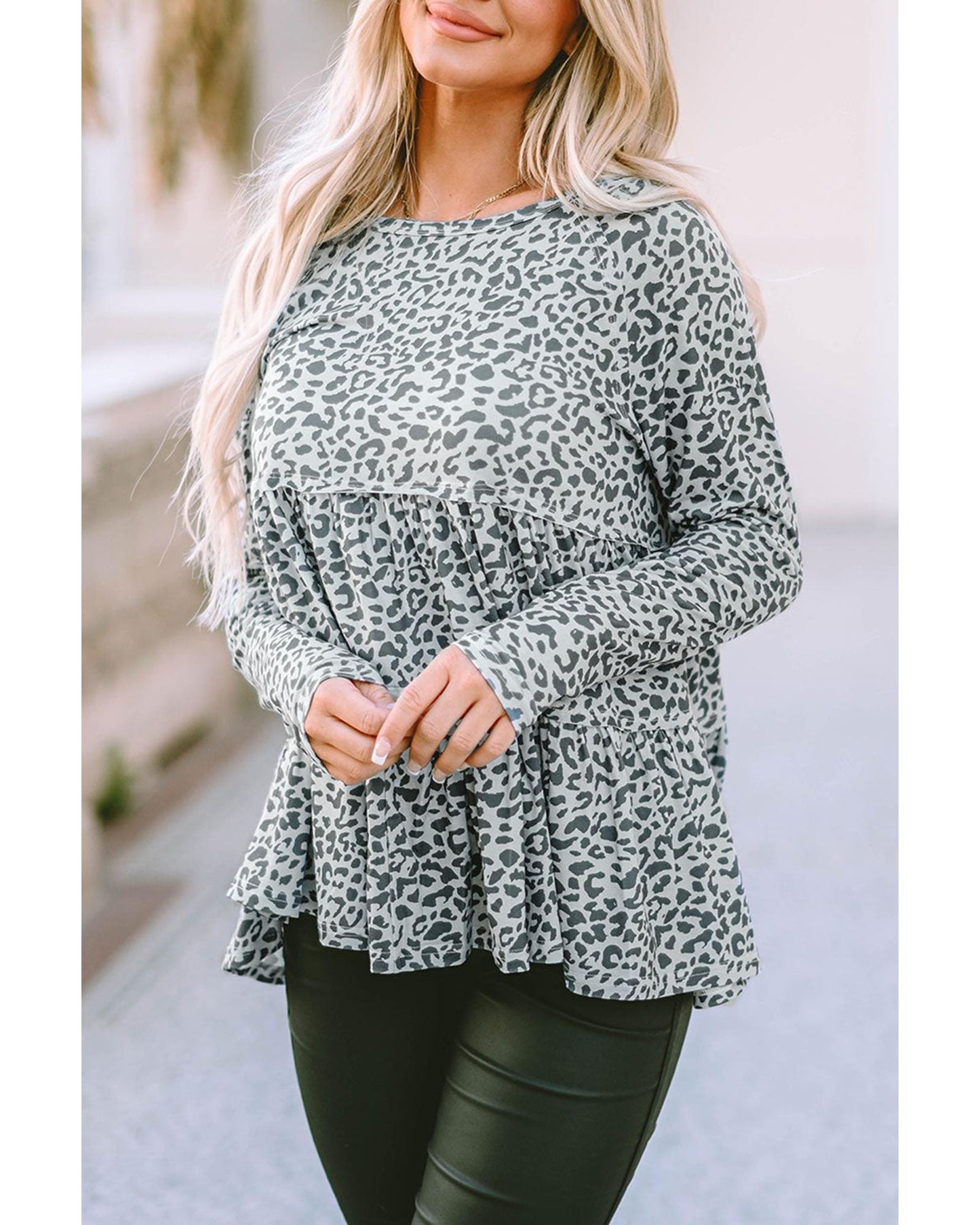 Azura Exchange Leopard Print Long Sleeve Ruffled Blouse - M