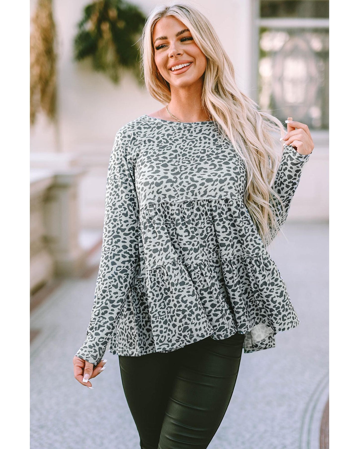 Azura Exchange Leopard Print Long Sleeve Ruffled Blouse - S