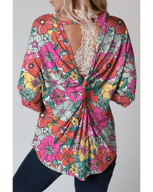 Azura Exchange Floral Long Sleeve Top with Twisted Hollow-out Back - L