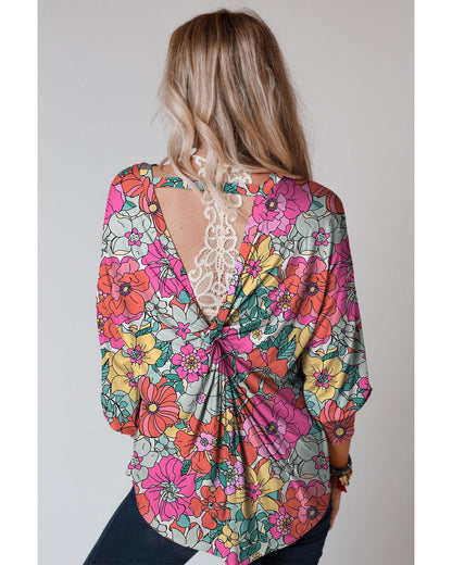 Azura Exchange Floral Long Sleeve Top with Twisted Hollow-out Back - L