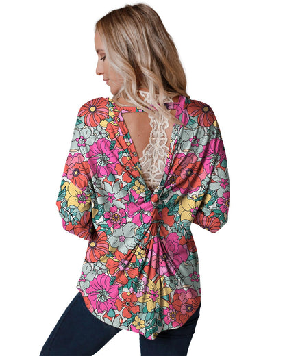 Azura Exchange Floral Long Sleeve Top with Twisted Hollow-out Back - M