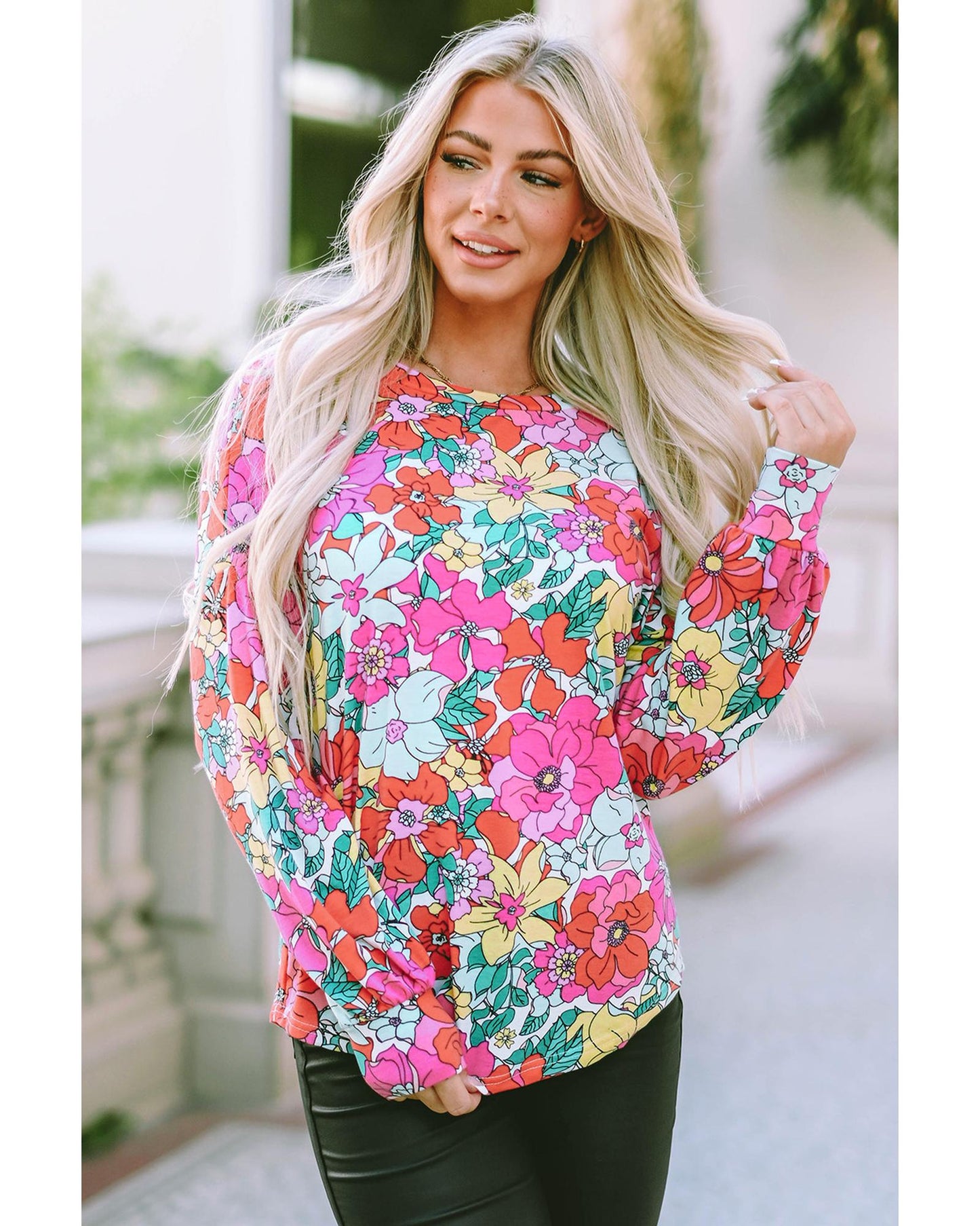 Azura Exchange Floral Long Sleeve Top with Twisted Hollow-out Back - S