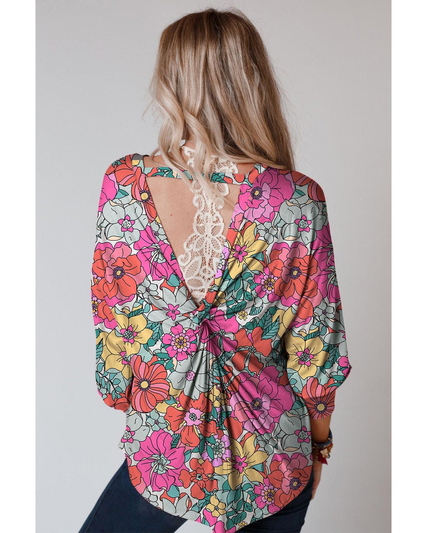 Azura Exchange Floral Long Sleeve Top with Twisted Hollow-out Back - XL