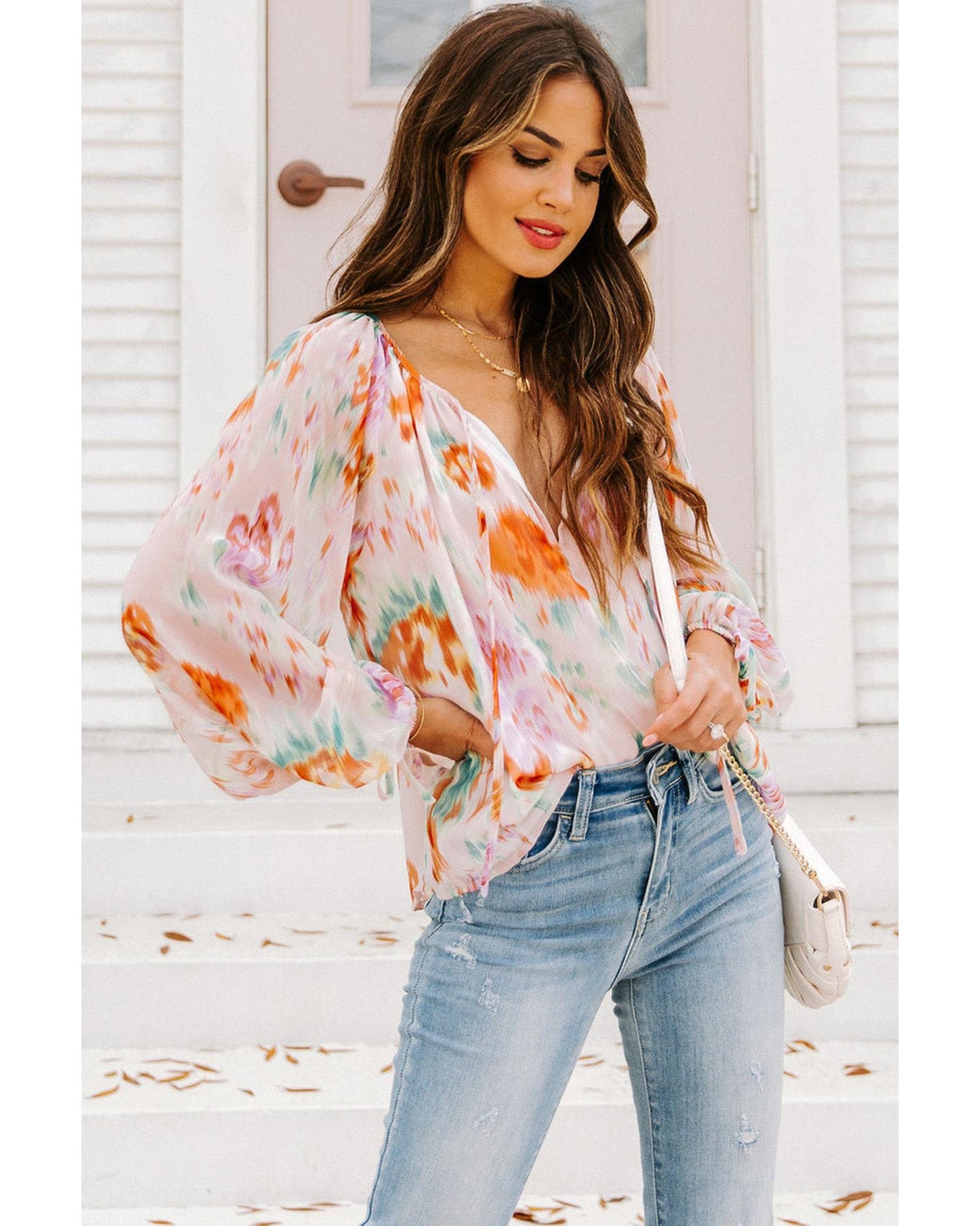 Azura Exchange Abstract Print Split Neck Puff Sleeve Blouse - L