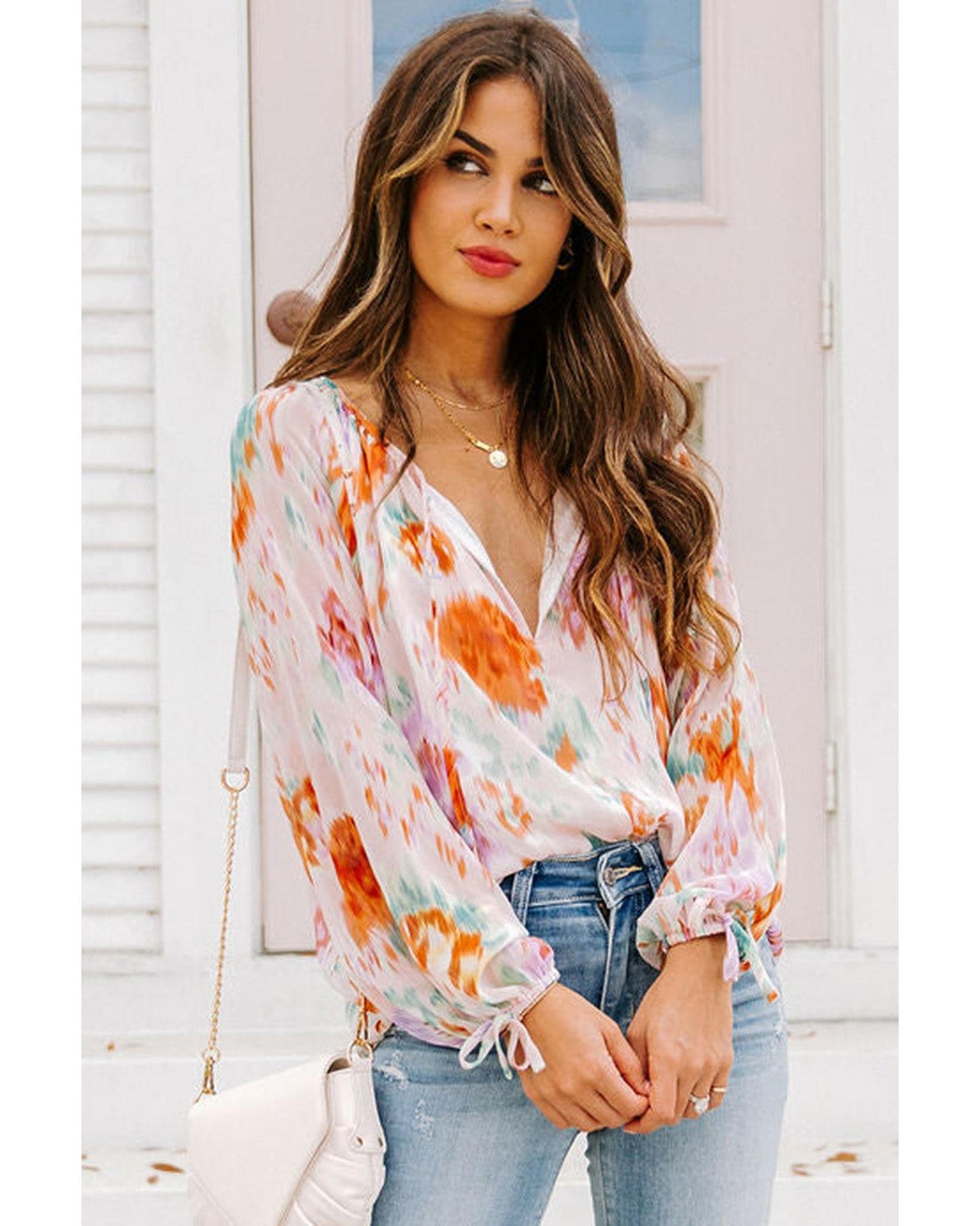 Azura Exchange Abstract Print Split Neck Puff Sleeve Blouse - L