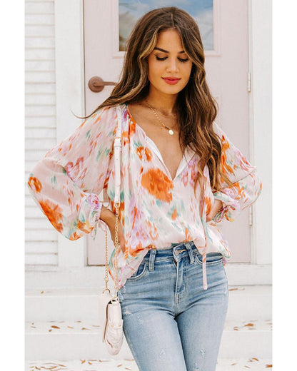 Azura Exchange Abstract Print Split Neck Puff Sleeve Blouse - M