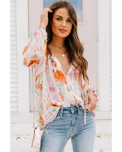 Azura Exchange Abstract Print Split Neck Puff Sleeve Blouse - M