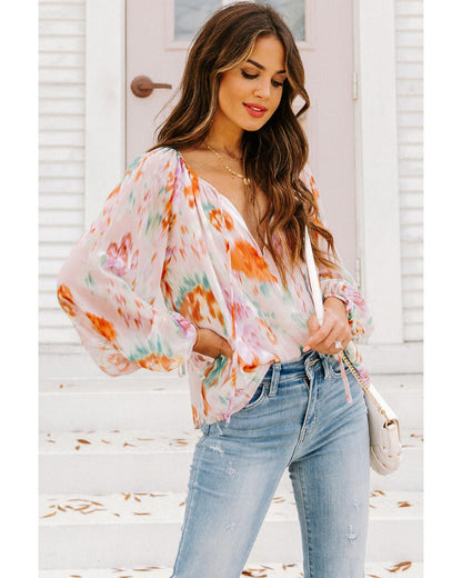 Azura Exchange Abstract Print Split Neck Puff Sleeve Blouse - XL