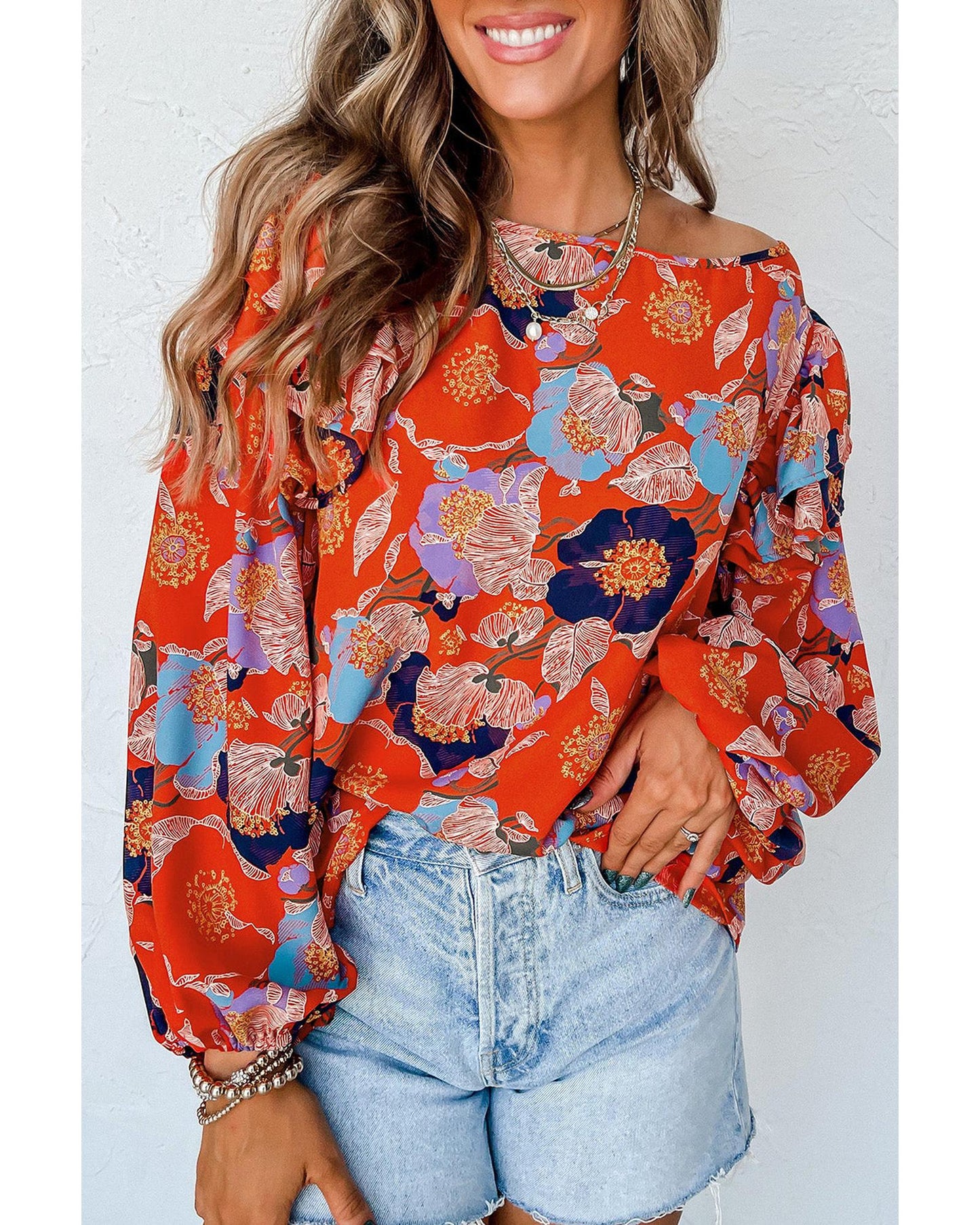 Azura Exchange Floral Print Ruffle Puff Sleeve Blouse - L