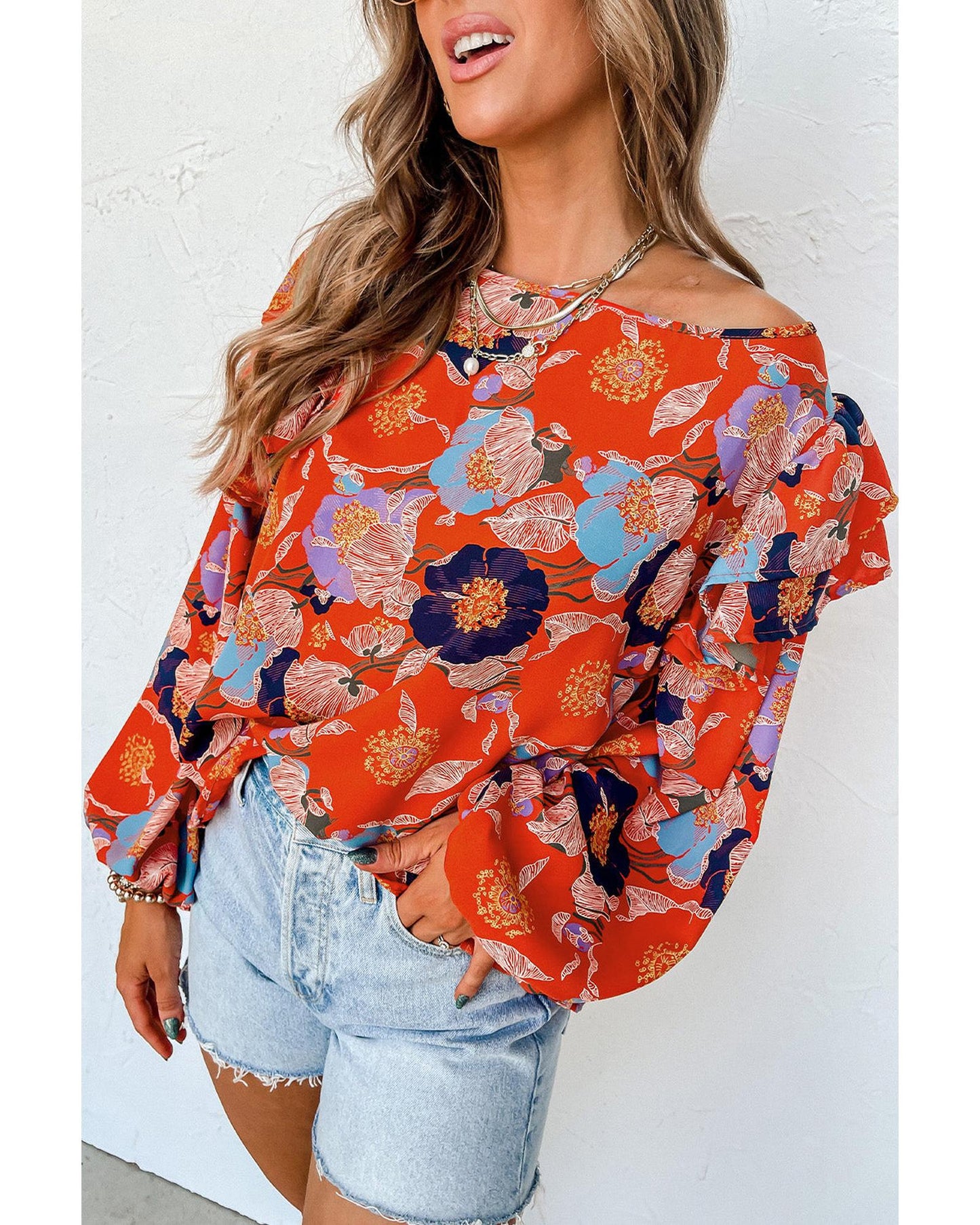 Azura Exchange Floral Print Ruffle Puff Sleeve Blouse - L