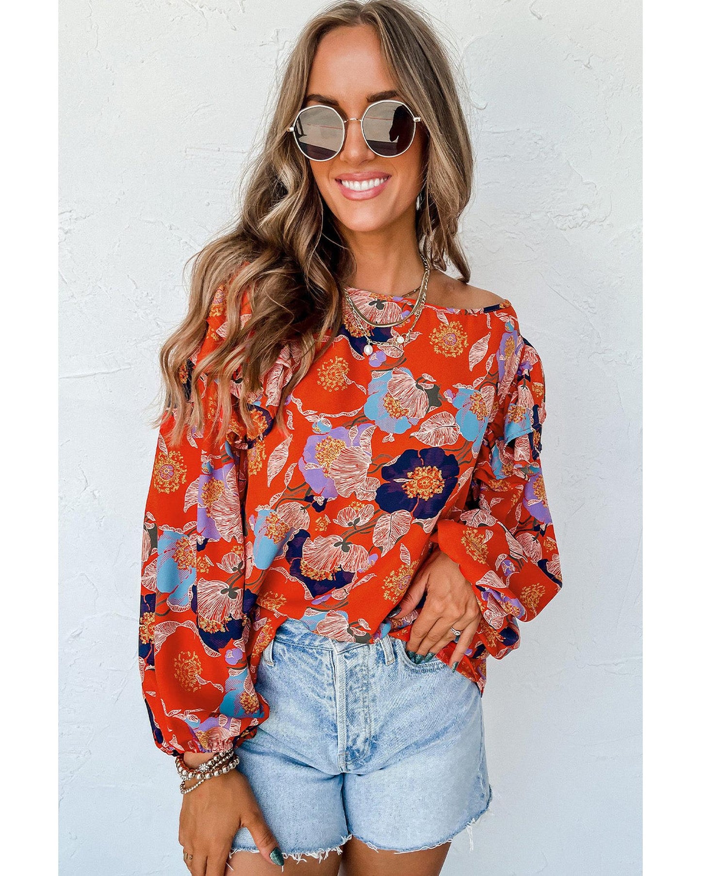 Azura Exchange Floral Print Ruffle Puff Sleeve Blouse - L