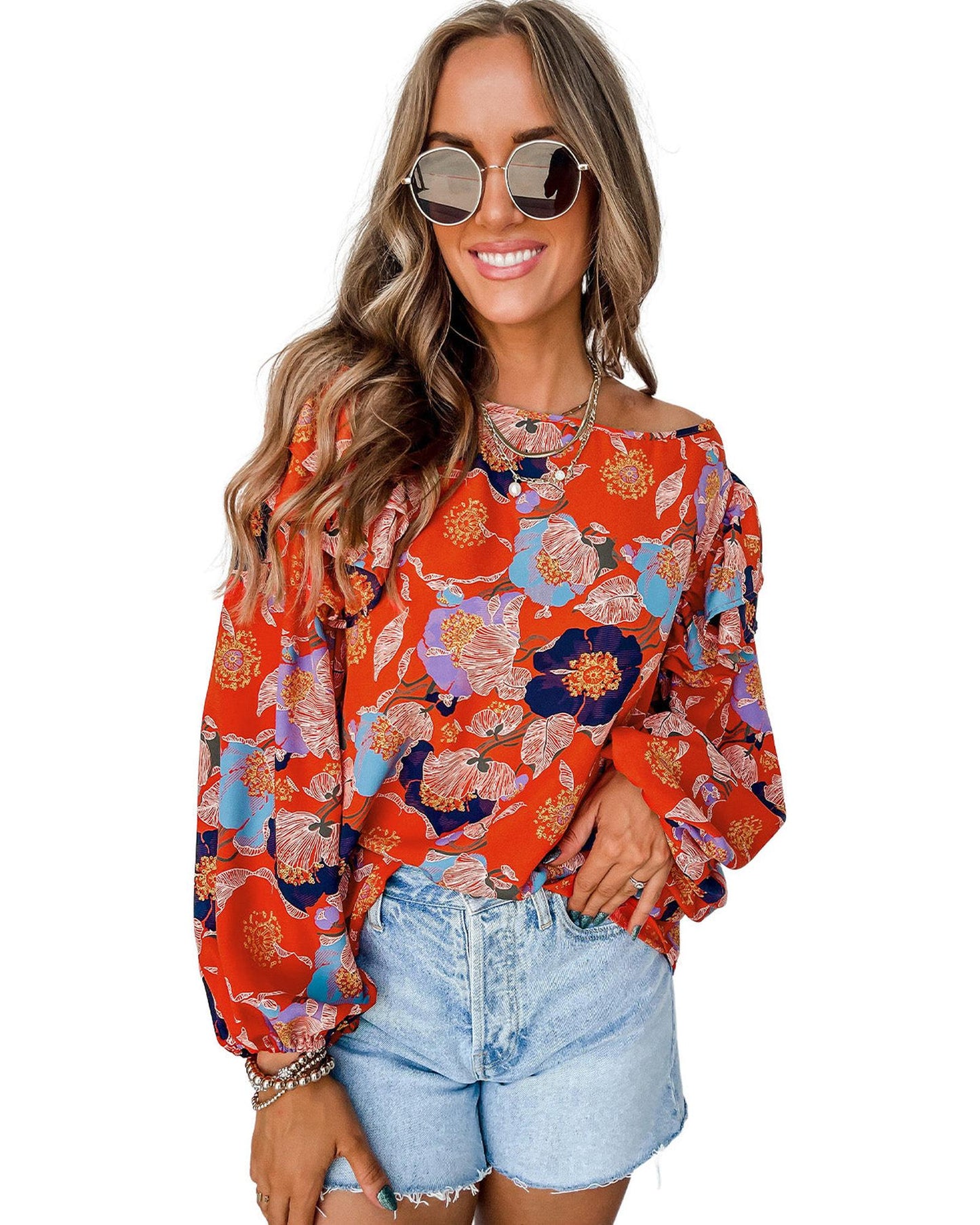 Azura Exchange Floral Print Ruffle Puff Sleeve Blouse - M