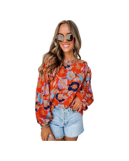 Azura Exchange Floral Print Ruffle Puff Sleeve Blouse - M