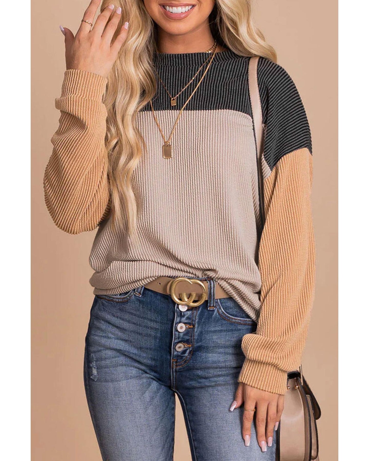 Azura Exchange Color Block Long Sleeve Ribbed Loose Top - M