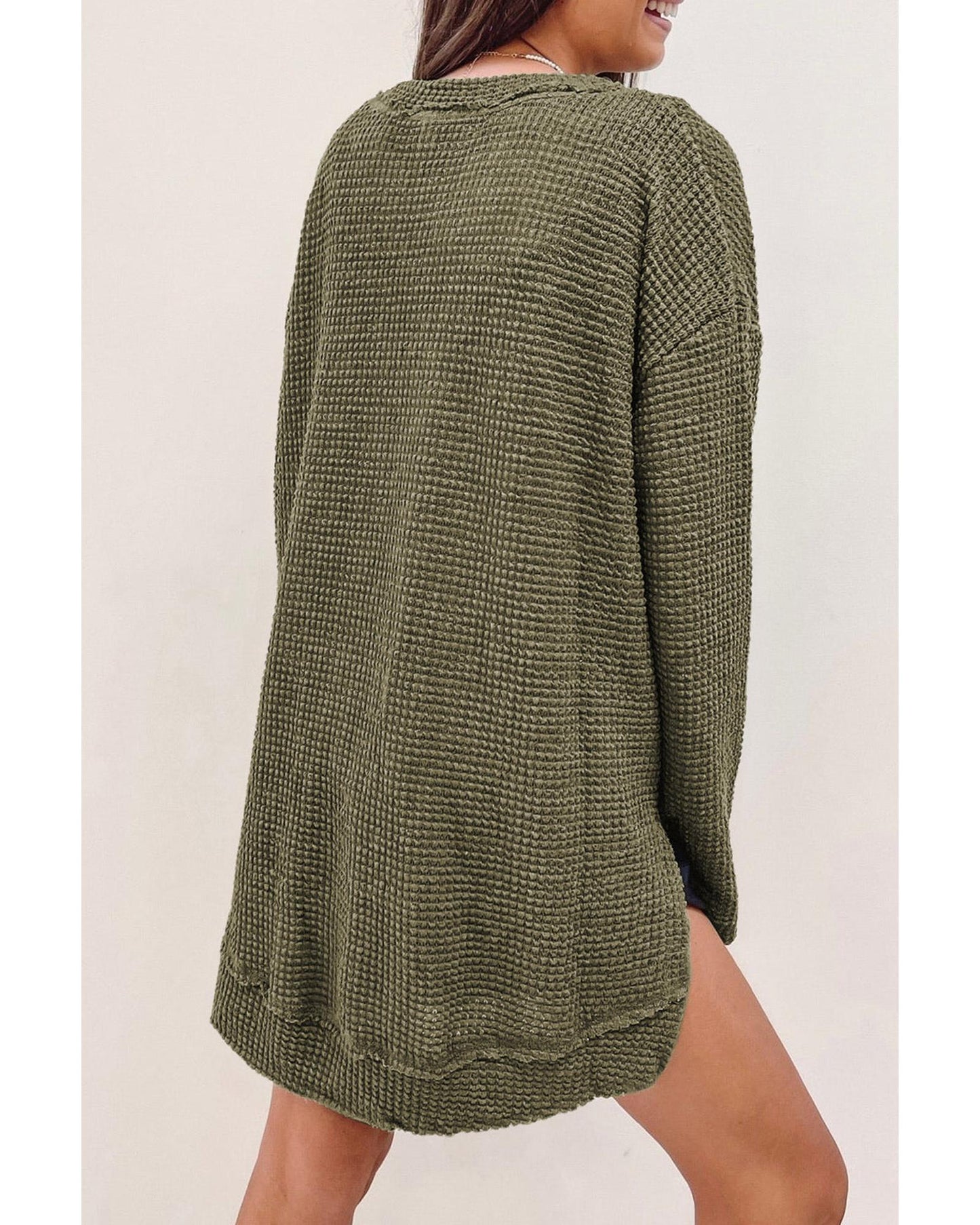 Azura Exchange Oversized Green Waffle Knit High Slits Top - M