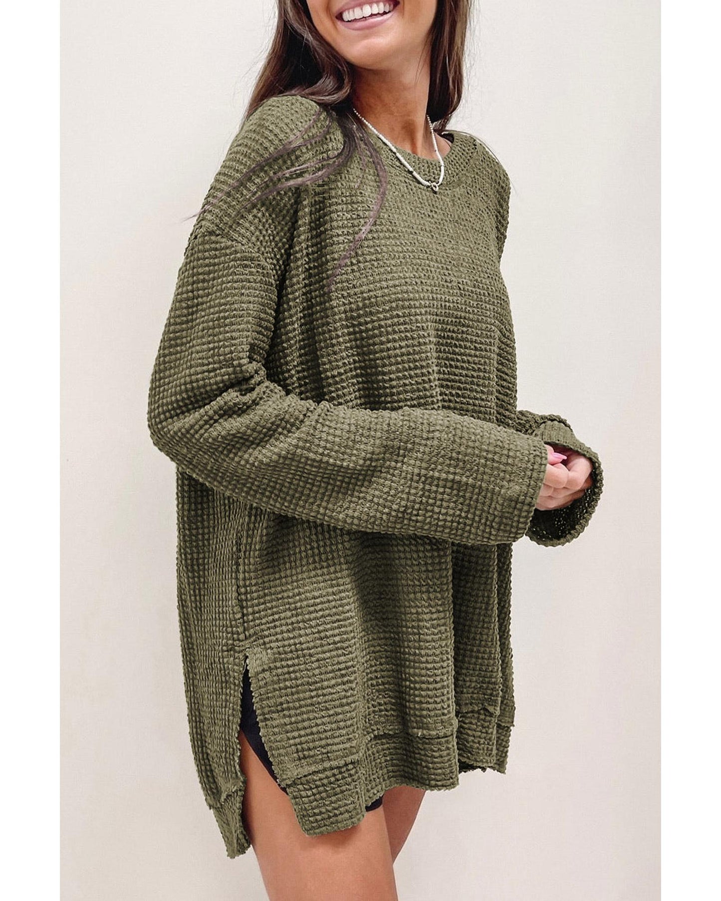 Azura Exchange Oversized Green Waffle Knit High Slits Top - M